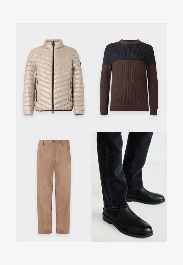 TOM TAILOR LIGHTWEIGHT JACKET - Übergangsjacke - light cashmere; Rippstrickpullover mit langen Ärmeln, braunem Unterkörper und Ärmeln sowie dunkelblauer Oberseite und Schultern.; TOM TAILOR REGULAR WASHED - Chino - caribou beige; Schwarze Leder-Stiefeletten mit runder Zehenform und elastischen Seitenpaneelen, kombiniert mit dunklen Jeans, die eine glatte Textur und ein schlankes Design zeigen.