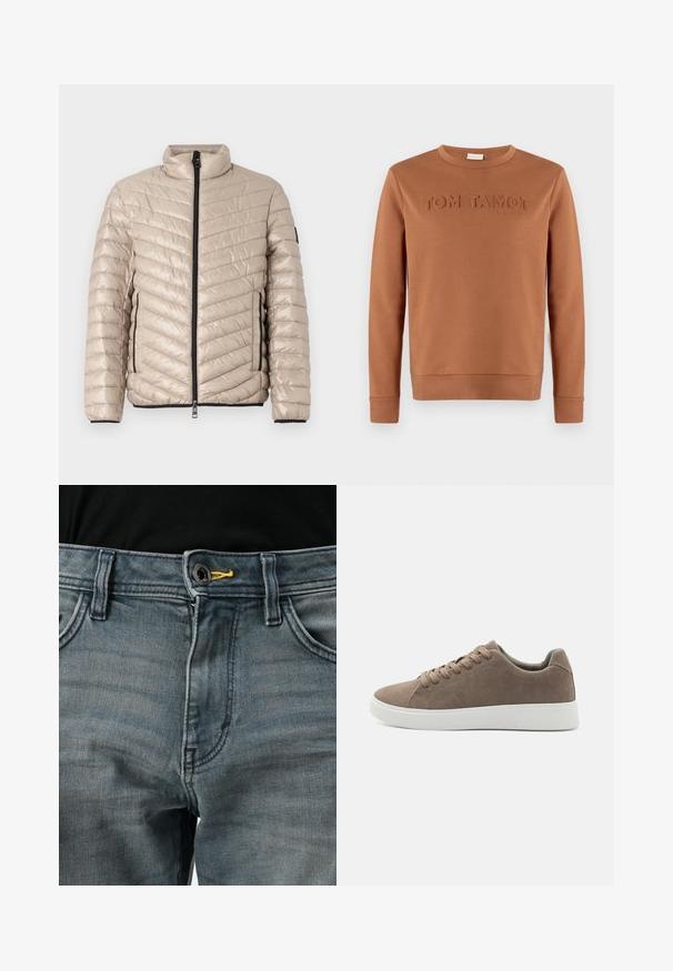 TOM TAILOR LIGHTWEIGHT JACKET - Übergangsjacke - light cashmere; Braunes Sweatshirt mit langen Ärmeln und Rundhalsausschnitt mit geprägt "TOM TAILOR 1962" Schriftzug auf der Brust, dargestellt vor einfachem Hintergrund.; Verblasste blaue Jeans aus Denim mit einem Knopfverschluss, gelben Akzenten am Bund und klassischem Fünf-Taschen-Design. Die Textur wirkt weich und abgenutzt.; Braune Wildledersneaker mit flachen weißen Gummisohlen, Schnürdesign, abgerundete Zehen und einer glatten Textur. Minimalistischer Stil mit dezenten Nähdetails.