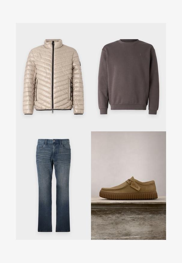 TOM TAILOR LIGHTWEIGHT JACKET - Jas - light cashmere; Grijs katoenen sweatshirt met een ronde hals, geribde manchetten en zoom. Bevat een klein, ton-sur-ton logo op de borst. Zachte textuur.; TOM TAILOR MARVIN - Straight leg jeans - dark stone wash denim; Lichtbruine suède schoenen met een ronde neus, gestikte details en een geribbeld bruine rubberen zool. Bevat een zijlabel met het "Clarks" logo.