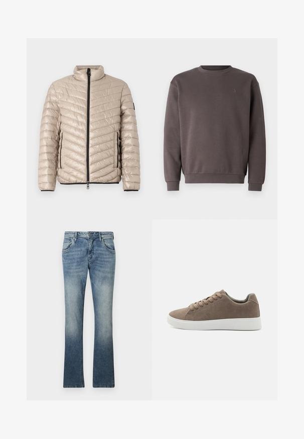 TOM TAILOR LIGHTWEIGHT JACKET - Ľahká bunda - light cashmere; Sivý bavlnený sveter s okrúhlym výstrihom, rebrovanými manžetami a lemom. Obsahuje malé, tónované logo na hrudi. Mäkká textúra.; Svetlomodré denimové zvonové džínsy s gradientovým praním, dizajn s piatimi vreckami, kovové zapínanie na gombík a viditeľné švy pozdĺž švov.; Hnedé semišové tenisky s plochými bielymi gumovými podrážkami, dizajn so šnurovaním, zaoblená špička a hladká textúra. Minimalistický štýl s jemnými švovými detailmi.