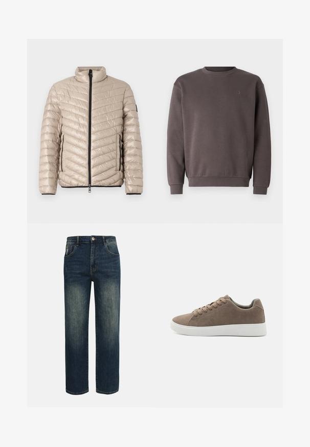TOM TAILOR LIGHTWEIGHT JACKET - Ελαφρύ μπουφάν - light cashmere; Γκρι φούτερ από βαμβάκι με στρογγυλή λαιμόκοψη, ribbed μανσέτες και στρίφωμα. Διαθέτει ένα μικρό, τονικό λογότυπο στο στήθος. Μαλακή υφή.; Σκούρα μπλε τζιν με ίσια γραμμή, ελαφρώς ξεθωριασμένα μπροστά στους μηρούς, με πέντε τσέπες και κλείσιμο με κουμπί στη μέση.; Καφέ σουέτ αθλητικά παπούτσια με επίπεδες λευκές καουτσούκ σόλες, σχέδιο με κορδόνια, στρογγυλή μύτη και λεία υφή. Μινιμαλιστικό στυλ με διακριτές ραφές.