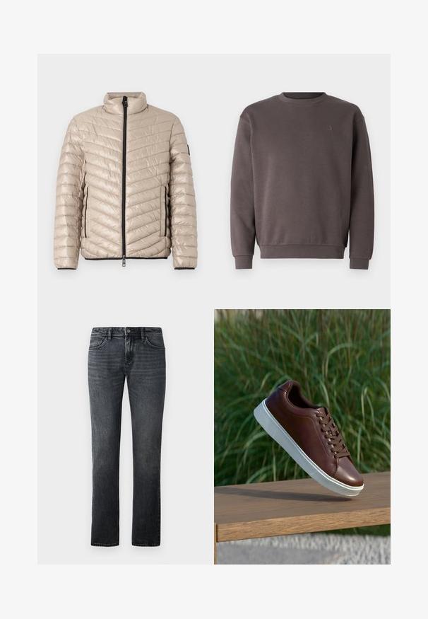 TOM TAILOR LIGHTWEIGHT JACKET - Ελαφρύ μπουφάν - light cashmere; Γκρι φούτερ από βαμβάκι με στρογγυλή λαιμόκοψη, ribbed μανσέτες και στρίφωμα. Διαθέτει ένα μικρό, τονικό λογότυπο στο στήθος. Μαλακή υφή.; Σκούρες γκρι τζιν παντελόνες με ευθεία γραμμή, φτιαγμένες από ντένιμ, με κλασικό σχέδιο πέντε τσεπών και κουμπί στη μέση.; Καφέ δερμάτινο αθλητικό παπούτσι με λευκή καουτσούκ σόλα, σχέδιο με κορδόνια, λεία υφή, στρογγυλή μύτη και διακριτές ραφές.