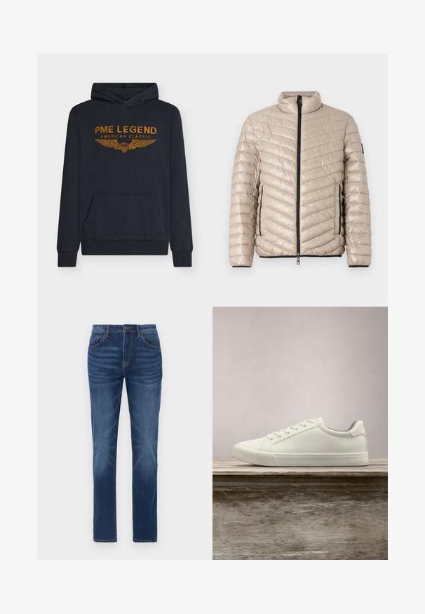 TOM TAILOR LIGHTWEIGHT JACKET - Chaqueta de entretiempo - light cashmere; Sudadera con capucha azul marino hecha de tela suave, con texto bordado en naranja "PME LEGEND AMERICAN CLASSIC" acompañado de un diseño de alas y un bolsillo frontal.; Vaqueros de mezclilla azul oscuro con un corte recto clásico, diseño de cinco bolsillos y un ligero desgaste en las piernas. Presenta un cierre de botón y cremallera.; Zapatilla blanca con cordones flotando sobre un banco de madera con follaje verde al fondo, mostrando el diseño y la textura del zapato.
