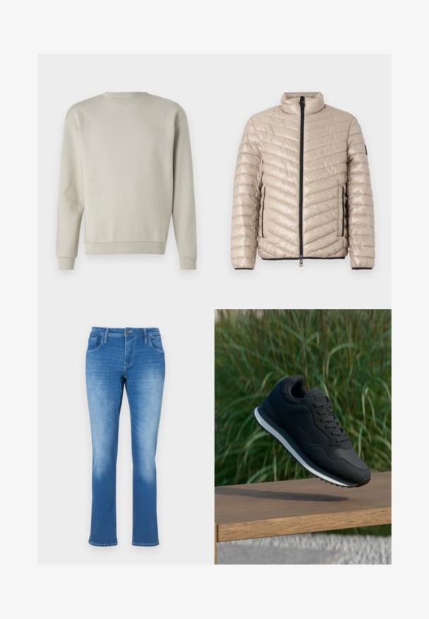 TOM TAILOR LIGHTWEIGHT JACKET - Chaqueta de entretiempo - light cashmere; Sudadera gris claro con cuello redondo, mangas largas y textura suave. Presenta un pequeño logo bordado en el pecho.; Vaqueros de denim azul con un corte recto, que cuentan con cinco bolsillos, un cierre de cremallera y costuras en contraste. La tela tiene un lavado medio con decoloración.; Zapatilla deportiva negra con parte superior texturizada, diseño con cordones y media suela blanca en contraste; exhibida en el aire sobre una superficie de madera.
