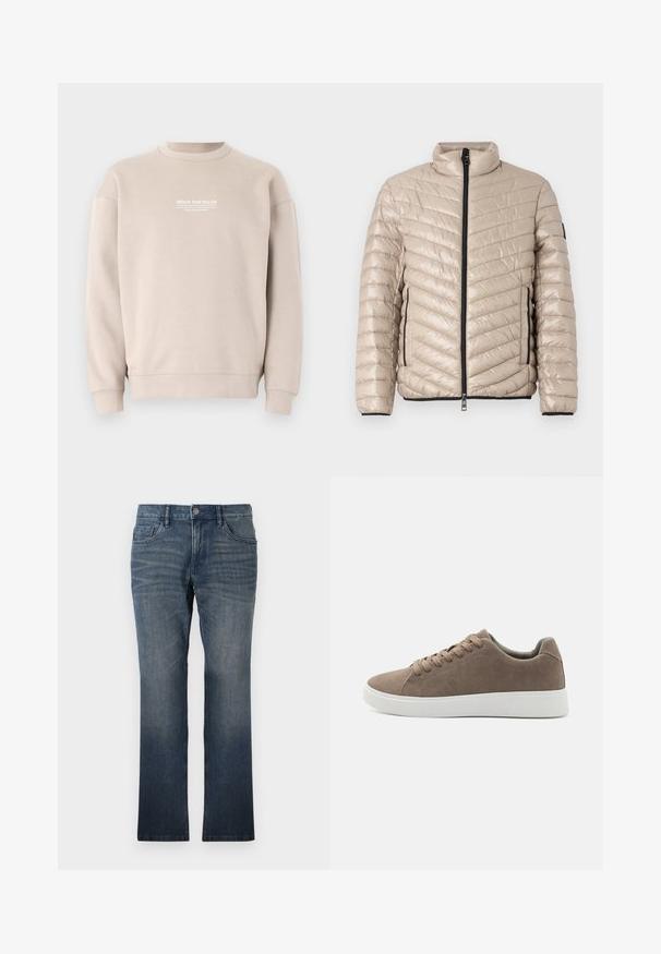 TOM TAILOR LIGHTWEIGHT JACKET - Jas - light cashmere; Beige sweatshirt gemaakt van zachte stof met een ronde hals. Voorzien van witte tekstlogo op de borst en ribgebreide manchetten en zoom.; TOM TAILOR MARVIN - Straight leg jeans - dark stone wash denim; Bruine suède sneakers met platte witte rubberen zolen, vetersluiting, ronde neus en een gladde textuur. Minimalistische stijl met subtiele stikdetails.