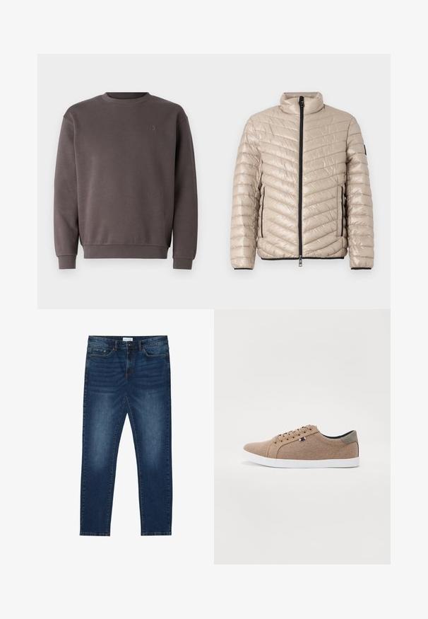 TOM TAILOR LIGHTWEIGHT JACKET - Veste mi-saison - light cashmere; Sweat-shirt en coton gris avec un col rond, des poignets et un ourlet côtelés. Présente un petit logo ton sur ton sur la poitrine. Texture douce.; Jean slim-fit bleu foncé avec des détails délavés, design classique à cinq poches, fermeture à bouton et passants de ceinture.; Baskets en toile beige avec un design basse, semelle en caoutchouc blanc et lacets ronds. Présente un accent de talon gris contrastant et un détail de logo.