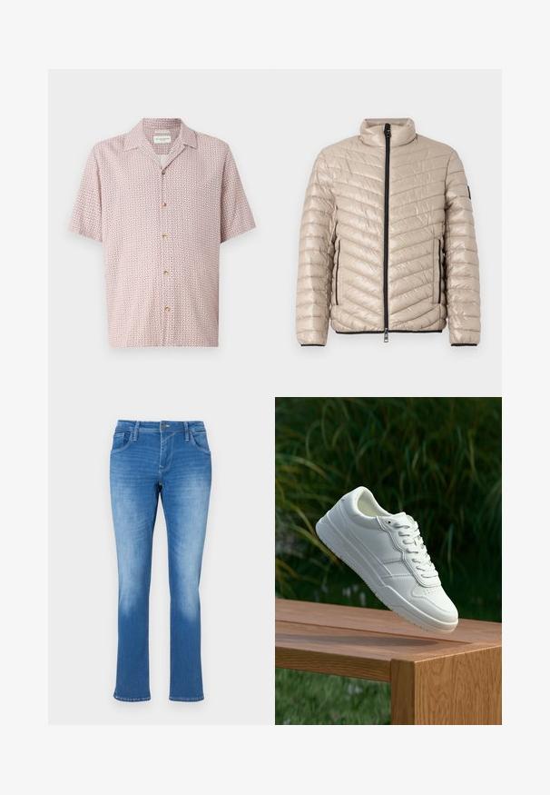 TOM TAILOR LIGHTWEIGHT JACKET - Chaqueta de entretiempo - light cashmere; Camisa de manga corta en rosa claro con un estampado floral geométrico. Cuenta con un cierre de botones en la parte delantera y un cuello clásico. Fabricada en un tejido suave.; Vaqueros de denim azul con un corte recto, que cuentan con cinco bolsillos, un cierre de cremallera y costuras en contraste. La tela tiene un lavado medio con decoloración.; Zapatilla de cuero blanca con una textura suave, que presenta un diseño perforado, cordones clásicos y suela de goma, posicionada sobre una superficie de madera.