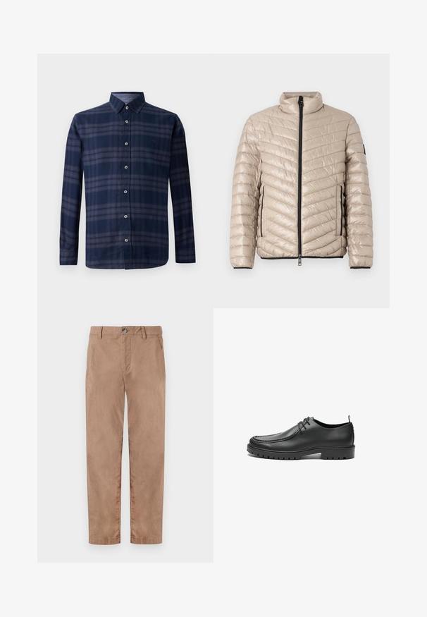 TOM TAILOR LIGHTWEIGHT JACKET - Ľahká bunda - light cashmere; Dlhý rukáv, námornícky modrý kockovaný š shirt s gombíkmi vpredu a špicatým golierom, vystavený na bielom pozadí.; TOM TAILOR REGULAR WASHED - Nohavice chinos - caribou beige; Čierne kožené topánky s hladkým povrchom, zaoblenou špičkou a dekoratívnym prešívaním. Majú gumovú podrážku s trakčnými drážkami a viazací dizajn.