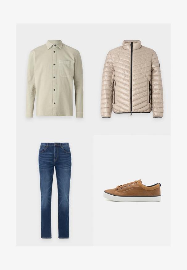 TOM TAILOR LIGHTWEIGHT JACKET - Ελαφρύ μπουφάν - light cashmere; Μακρυμάνικο πουκάμισο με κουμπιά από ανοιχτό μπεζ ύφασμα. Διαθέτει αιχμηρό γιακά, τσέπη στο στήθος και μαύρα κουμπιά. Απλός, υφασμένος σχεδιασμός.; Σκούρες μπλε τζιν παντελόνες με κλασική ίσια γραμμή, σχέδιο πέντε τσεπών και ελαφριά φθορά στα πόδια. Διαθέτουν κούμπωμα με κουμπί και φερμουάρ.; Καφέ δερμάτινα sneakers με στρογγυλή μύτη, λευκή σόλα και ναυτικές λεπτομέρειες. Διαθέτουν μεταλλικά γαζί και υφή στην κολάρα.