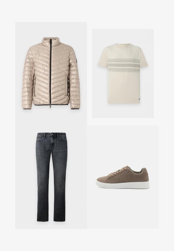 TOM TAILOR LIGHTWEIGHT JACKET - Ελαφρύ μπουφάν - light cashmere; Μπεζ κοντομάνικη μπλούζα με στρογγυλή λαιμόκοψη, που φέρει τρεις οριζόντιες ανοιχτόγκρινες ρίγες στο στήθος.; Σκούρες γκρι τζιν παντελόνες με ευθεία γραμμή, φτιαγμένες από ντένιμ, με κλασικό σχέδιο πέντε τσεπών και κουμπί στη μέση.; Καφέ σουέτ αθλητικά παπούτσια με επίπεδες λευκές καουτσούκ σόλες, σχέδιο με κορδόνια, στρογγυλή μύτη και λεία υφή. Μινιμαλιστικό στυλ με διακριτές ραφές.