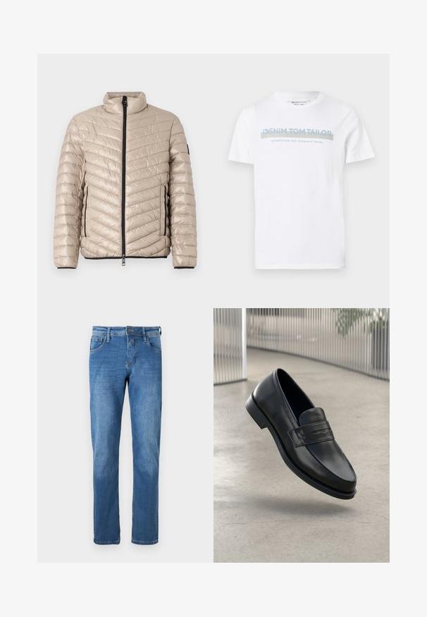 TOM TAILOR LIGHTWEIGHT JACKET - Välikausitakki - light cashmere; Valkoinen puuvillainen T-paita, jossa on pyöreä kaula-aukko, lyhyet hihat ja sininen graafinen tekstituloste, joka lukee "DENIM TOM TAILOR perustettu 2007."; Farkut keskipitkässä sinisessä värissä suoralinjaisella leikkauksella. Varustettu viidellä taskulla, napilliseen sulkemiseen ja näkyviin ompeluyksityiskohtiin saumoissa.; Mustat nahkaiset loaferit, joissa on sileä pinta, kärjekäs kärki ja koristeellinen remmi jalkapöydän yli. Kevyt pohja, minimalistinen muotoilu.