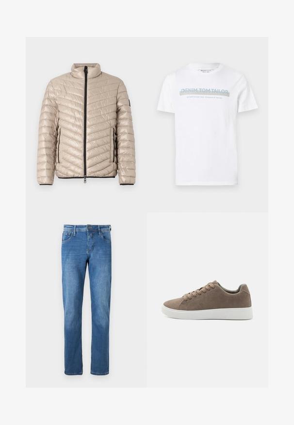 TOM TAILOR LIGHTWEIGHT JACKET - Ľahká bunda - light cashmere; Biela bavlnená tričko s okrúhlym výstrihom, krátkymi rukávmi a modrým grafickým textom, ktorý znie "DENIM TOM TAILOR založené 2007."; Džíny z denimu v stredne modrej farbe s rovný strihom. Obsahujú päť vreciek, zapínanie na gombík a viditeľné stehy pozdĺž švov.; Hnedé semišové tenisky s plochými bielymi gumovými podrážkami, dizajn so šnurovaním, zaoblená špička a hladká textúra. Minimalistický štýl s jemnými švovými detailmi.
