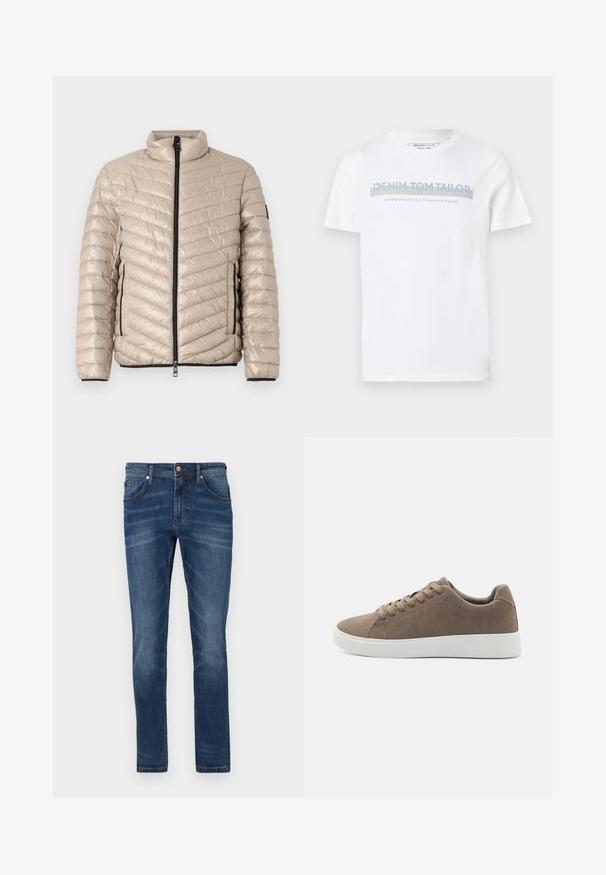 TOM TAILOR LIGHTWEIGHT JACKET - Jas - light cashmere; Witte katoenen T-shirt met een ronde hals, korte mouwen en een blauw grafisch tekstontwerp met de tekst "DENIM TOM TAILOR opgericht 2007."; Donkerblauwe denim jeans met een rechte pijp, vijf zakken, subtiele vervaging, contrasterende stiksels en een knoopsluiting in de taille.; Bruine suède sneakers met platte witte rubberen zolen, vetersluiting, ronde neus en een gladde textuur. Minimalistische stijl met subtiele stikdetails.
