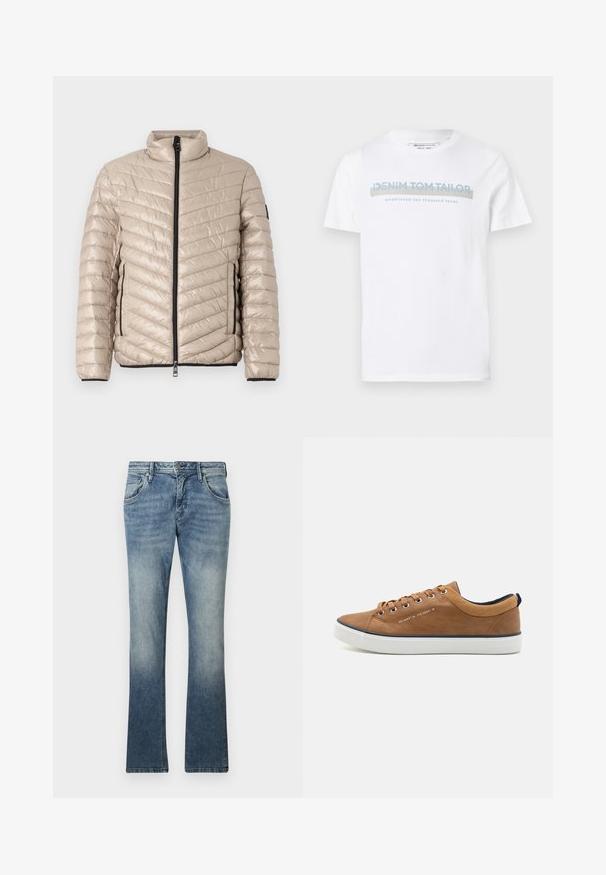 TOM TAILOR LIGHTWEIGHT JACKET - Übergangsjacke - light cashmere; Weißes Baumwoll-T-Shirt mit Rundhalsausschnitt, kurzen Ärmeln und einem blauen Grafiktext-Design, das "DENIM TOM TAILOR gegründet 2007" lautet.; Helleblaue Bootcut-Jeans aus Denim mit einem Farbverlauf, Fünf-Taschen-Design, Metallknopfverschluss und sichtbarem Stich entlang der Nähte.; Braune Leder-Sneaker mit runder Zehenpartie, weißer Sohle und marineblauen Akzenten. Verfügt über Metallösen und einen strukturierten Kragen.