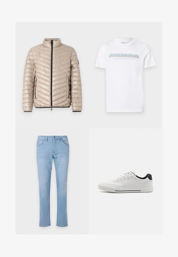 TOM TAILOR LIGHTWEIGHT JACKET - Ľahká bunda - light cashmere; Biela bavlnená tričko s okrúhlym výstrihom, krátkymi rukávmi a modrým grafickým textom, ktorý znie "DENIM TOM TAILOR založené 2007."; Svetlomodré džínsy vyrobené z denimu, s rovnou nohavicou, prednými vreckami a zapínaním na gombík. Tkanina s poškodenou textúrou.; Biele tenisky s hladkým syntetickým zvrškom, okrúhlou špičkou, šnurovaním, námorníckym akcentom na päte a textúrovanou gumovou podrážkou s čiernym pruhom.