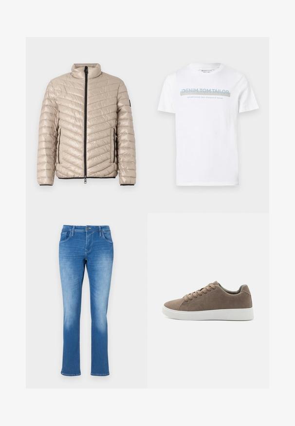 TOM TAILOR LIGHTWEIGHT JACKET - Jas - light cashmere; Witte katoenen T-shirt met een ronde hals, korte mouwen en een blauw grafisch tekstontwerp met de tekst "DENIM TOM TAILOR opgericht 2007."; Blauwe denim jeans met een rechte pijp, uitgerust met vijf zakken, een ritssluiting en contrasterende stiksels. De stof heeft een gemiddelde wassing met vervaging.; Bruine suède sneakers met platte witte rubberen zolen, vetersluiting, ronde neus en een gladde textuur. Minimalistische stijl met subtiele stikdetails.