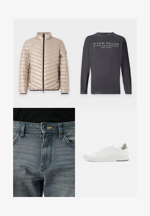 TOM TAILOR LIGHTWEIGHT JACKET - Jas - light cashmere; TOM TAILOR PRINTED - Longsleeve - tarmac grey; Vervaagde blauwe denim jeans met knoopsluiting, gele accenten bij de tailleband en een klassiek vijf-pocket ontwerp. De textuur lijkt zacht en versleten.; Witte sneaker van glad leer met een ronde neus, minimalistisch ontwerp, grijze hielaccent en een geplaatste rubberen zool.