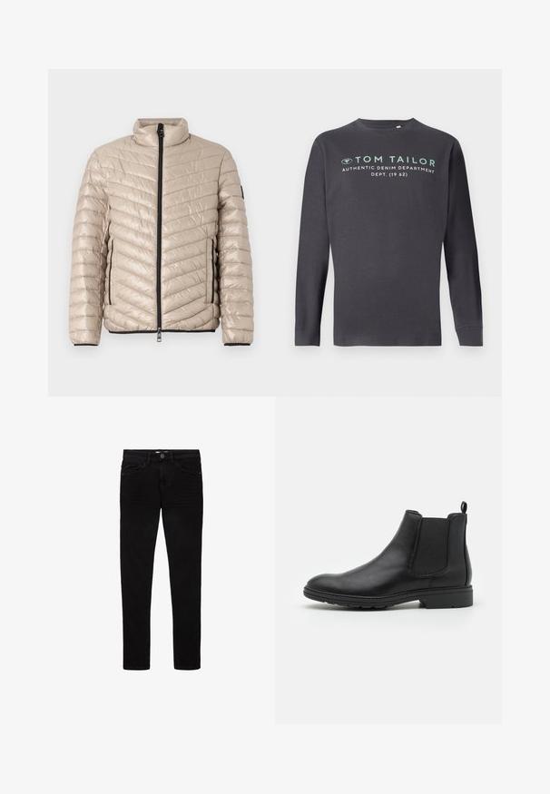 TOM TAILOR LIGHTWEIGHT JACKET - Übergangsjacke - light cashmere; TOM TAILOR PRINTED - Langarmshirt - tarmac grey; Schwarze Jeans aus Denim mit schlanker Passform, fünf Taschen und Knopfverschluss. Glatte Textur und minimale Nähte.; Schwarze Leder Chelsea-Stiefel mit elastischen Seiteneinsätzen und einer Ziehschlaufe, runder Zehenform und strukturiertem Gummisohle.