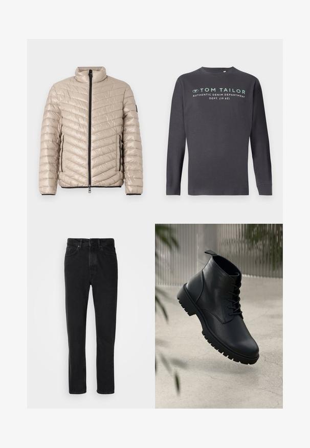TOM TAILOR LIGHTWEIGHT JACKET - Jas - light cashmere; TOM TAILOR PRINTED - Longsleeve - tarmac grey; Zwarte denim jeans met een recht ontwerp, voorzien van een knoop- en ritsluiting, voorzakken en een subtiele textuur.; Zwarte leren enkelboots met een ronde neus, vetersluiting en robuuste rubberen zool. Gladde textuur met een bevestigingslus aan de achterkant.
