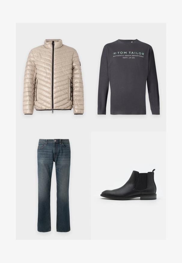 TOM TAILOR LIGHTWEIGHT JACKET - Übergangsjacke - light cashmere; TOM TAILOR PRINTED - Langarmshirt - tarmac grey; Dunkelblaue Jeans aus Denim mit geradem Bein. Merkmale sind fünf Taschen, kontrastierende Nähte sowie ein Knopf- und Reißverschluss vorne.; Schwarze Leder-Chelsea-Stiefel mit elastischen Seitenpaneelen, runder Zehenform und Zugschlaufe, ausgestattet mit einem niedrigen Blockabsatz und glatter Textur.