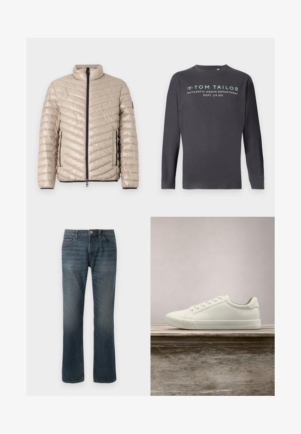 TOM TAILOR LIGHTWEIGHT JACKET - Ľahká bunda - light cashmere; TOM TAILOR PRINTED - Top s dlhým rukávom - tarmac grey; Tmavomodré džínsy s rovnými nohavicami. Medzi vlastnosti patrí päť vreciek, kontrastné švy a zapínanie na gombík a zips vpredu.; Biele šnurovacie tenisky sa vznášajú nad drevenou lavicou so zeleným porastom v pozadí, predvádzajúc design a textúru topánok.