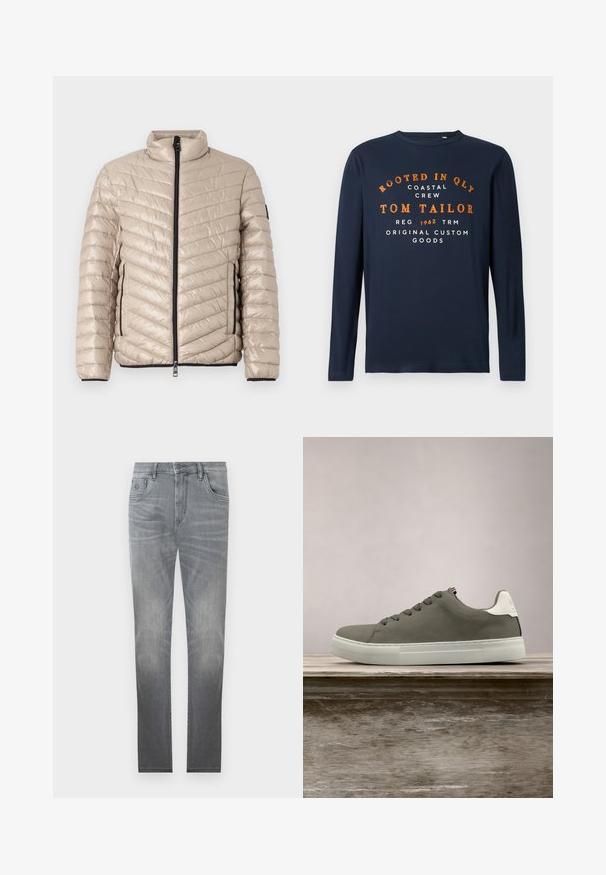 TOM TAILOR LIGHTWEIGHT JACKET - Ελαφρύ μπουφάν - light cashmere; Μαρινί μπλουζάκι με μακριά μανίκια και λαιμόκοψη crew με πορτοκαλί και λευκό κείμενο: "ΡΙΖΩΜΕΝΟ ΣΤΗΝ QLY COASTAL CREW TOM TAILOR 1962 ΑΥΘΕΝΤΙΚΑ ΠΡΟΙΟΝΤΑ."; Γκρι τζιν παντελόνι με ξεθωριασμένο σχέδιο, στυλ πέντε τσεπών, κλείσιμο με κουμπί και ίσια γραμμή. Λείος υφή με ελαφριά φθορά στις άκρες.; Γκρι αθλητικό παπούτσι με λείο επάνω μέρος, λευκές λεπτομέρειες και καουτσούκ σόλα. Διαθέτει κλασικό σχέδιο με κορδόνια και υφασμένη προστατευτική μύτη.