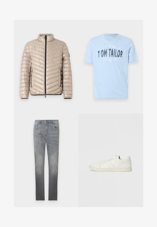 TOM TAILOR LIGHTWEIGHT JACKET - Veste mi-saison - light cashmere; T-shirt en coton bleu clair avec un col rond et des manches courtes. Il comporte un texte imprimé noir en gras : "TOM TAILOR" ainsi que des détails de marque supplémentaires.; Jeans en denim gris avec un design délavé, style à cinq poches, fermeture à bouton et coupe droite. Texture lisse avec un léger vieillissement sur les bords.; Baskets blanches en cuir montantes basses avec fermeture à lacets et semelle en caoutchouc plate, vues du côté intérieur sur un fond uni.