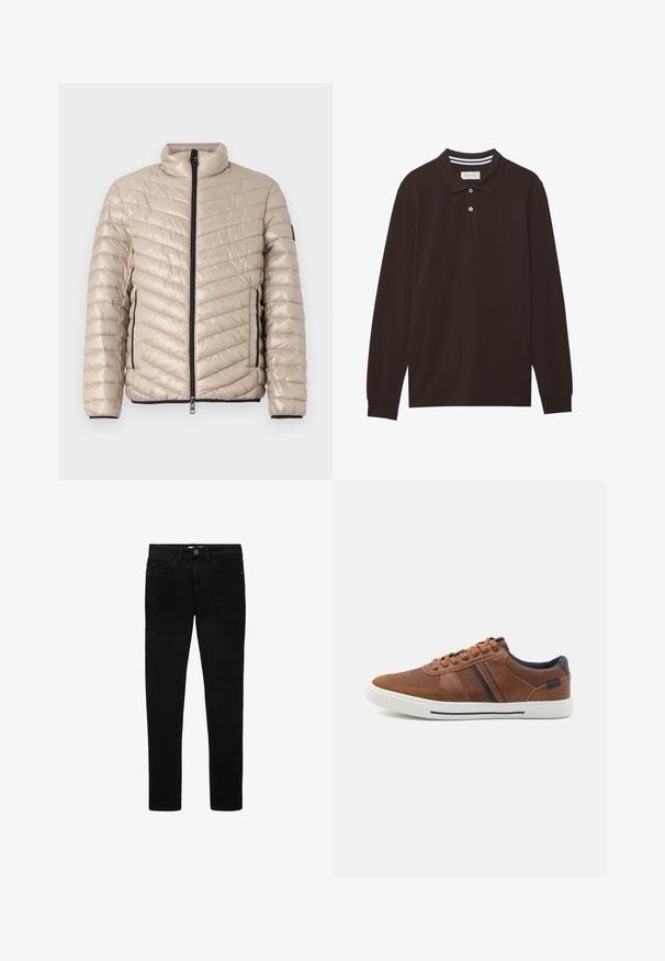 TOM TAILOR LIGHTWEIGHT JACKET - Ľahká bunda - light cashmere; Dlhý rukáv polo tričko z tmavohnedej bavlny, s golierom, trojradovým zapínaním na gombíky a bielymi pruhmi. Hladká textúra.; Čierne džínsy vyrobené z denimu, s úzkym strihom, piatimi vreckami a gombíkovým zapínaním. Hladká textura a minimálne švy.; Hnedé kožené tenisky s hladkou textúrou, bielou gumovou podrážkou, čiernymi akcentmi a dekoratívnym prešívaním so bočnými pruhmi.
