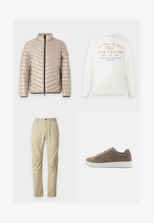 TOM TAILOR LIGHTWEIGHT JACKET - Veste mi-saison - light cashmere; Chemise blanche à manches longues avec un texte orange et noir indiquant "Rooted in QLY Coastal Crew Tom Tailor Reg 1962 TRM Original Custom Goods" sur le devant.; Pantalons cargo beiges en tissu léger, dotés de plusieurs poches, d'une fermeture à bouton et d'un design de jambe fuselée. Texture lisse.; Baskets en daim marron avec des semelles en caoutchouc blanc plat, design lacé, bout rond et texture lisse. Style minimaliste avec des détails de couture subtils.