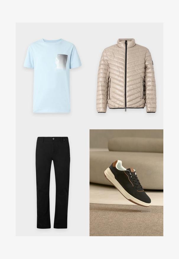 TOM TAILOR LIGHTWEIGHT JACKET - Ελαφρύ μπουφάν - light cashmere; Ανοιχτό μπλε βαμβακερό t-shirt με κοντά μανίκια και στρογγυλή λαιμόκοψη. Διαθέτει ένα ορθογώνιο γραφικό σε μαύρο και άσπρο στην αριστερή πλευρά του στήθους.; Μαύρο παντελόνι με ίσια γραμμή, κλείσιμο με κουμπί και φερμουάρ, θηλιές ζώνης και πλαϊνές τσέπες, σε λευκό φόντο.; Μαύρο και καφέ αθλητικό παπούτσι χαμηλού προφίλ με λευκή σόλα και κορδόνια, αιωρούμενο πάνω από beιζ μοκέτα σε δωμάτιο με ουδέτερους τόνους.