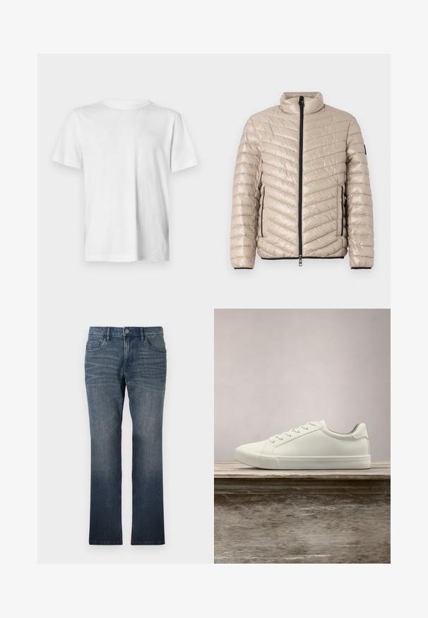TOM TAILOR LIGHTWEIGHT JACKET - Veste mi-saison - light cashmere; T-shirt blanc à manches courtes en coton doux, avec un col rond et un détail logo en relief discret sur la poitrine gauche.; TOM TAILOR MARVIN - Jean droit - dark stone wash denim; Sneaker en dentelle blanche flottant au-dessus d'un banc en bois avec un feuillage vert en arrière-plan, mettant en valeur le design et la texture de la chaussure.