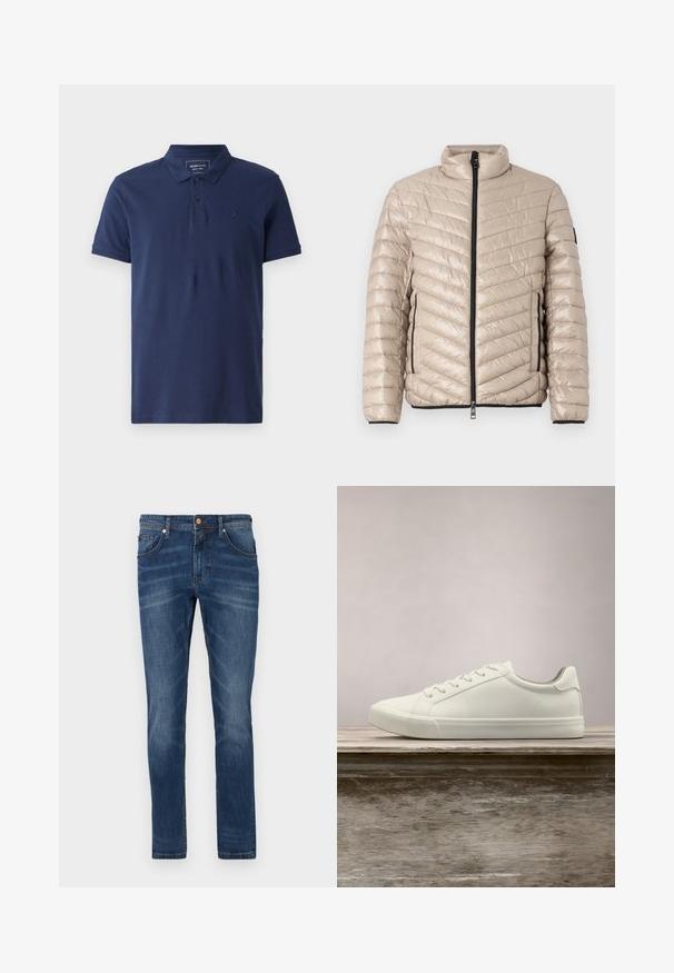 TOM TAILOR LIGHTWEIGHT JACKET - Ελαφρύ μπουφάν - light cashmere; Ναυτικό μπλε πόλο μπλούζα από βαμβάκι, με τρεις κουμπάκια στο μπροστινό μέρος, κοντά μανίκια και διακριτό λογότυπο στο στήθος. Λείο ύφασμα.; Σκούρες μπλε τζιν παντελόνι με ίσια γραμμή, πέντε τσέπες, διακριτική φθορά, αντίθετες ραφές και κουμπί στη μέση.; Λευκά sneakers με κορδόνια που αιωρούνται πάνω από ξύλινο παγκάκι με πράσινη βλάστηση στο φόντο, επιδεικνύοντας το σχέδιο και την υφή του παπουτσιού.