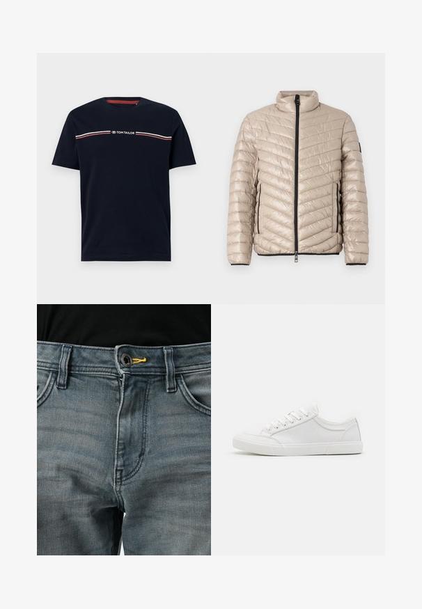 TOM TAILOR LIGHTWEIGHT JACKET - Jas - light cashmere; Navyblauwe katoenen t-shirt met korte mouwen, ronde halslijn, met een witte en rode horizontale streepdetail en het "TOM TAILOR" logo.; Vervaagde blauwe denim jeans met knoopsluiting, gele accenten bij de tailleband en een klassiek vijf-pocket ontwerp. De textuur lijkt zacht en versleten.; Witte sneakers met een glad leren bovenwerk, ronde neus, platte rubberen zool en zes oogjes voor veters. Subtiele stikseldetails, minimalistisch ontwerp.