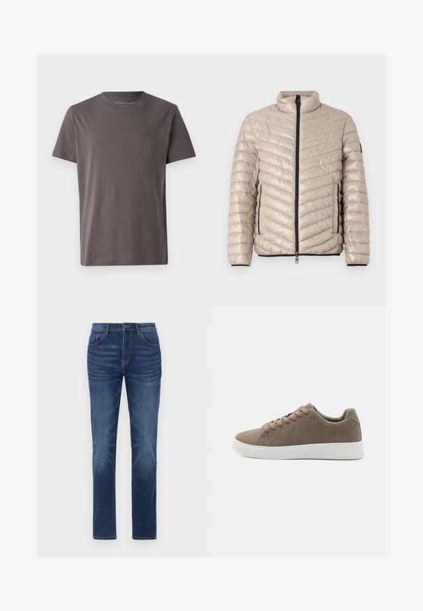 TOM TAILOR LIGHTWEIGHT JACKET - Veste mi-saison - light cashmere; T-shirt à manches courtes et col rond en gris foncé, fabriqué en coton doux, avec un logo subtil sur la poitrine et une coupe régulière.; Jean en denim bleu foncé avec une coupe droite classique, un design à cinq poches et un léger effet décoloré sur les jambes. Dispose d'une fermeture à bouton et glissière.; Baskets en daim marron avec des semelles en caoutchouc blanc plat, design lacé, bout rond et texture lisse. Style minimaliste avec des détails de couture subtils.
