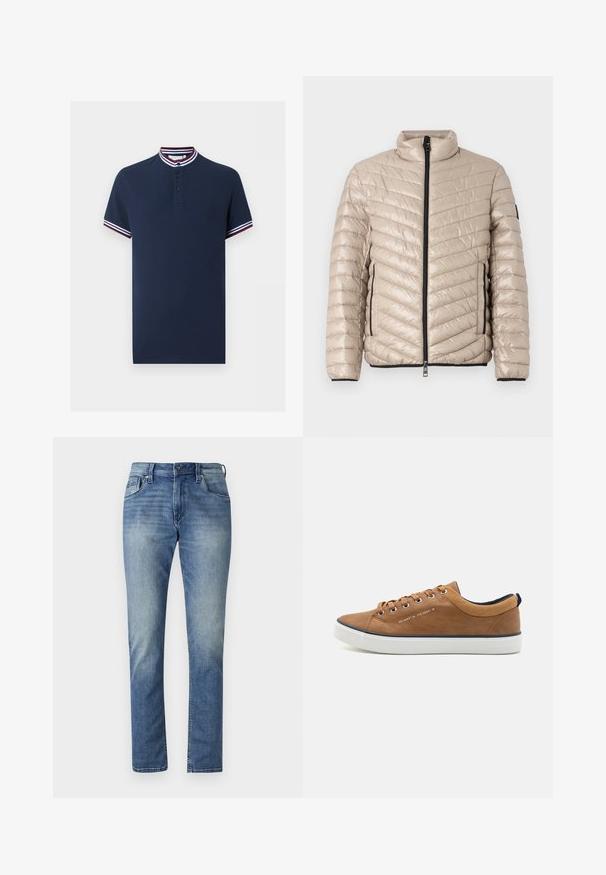 TOM TAILOR LIGHTWEIGHT JACKET - Veste mi-saison - light cashmere; Polo bleu marine à manches courtes avec trois boutons, col et poignets rayés en blanc, bleu marine et bordeaux.; Jeans en denim bleu clair avec une coupe droite, cinq poches et un délavage. Présente une fermeture à bouton et des passants de ceinture.; Baskets en cuir marron avec un embout rond, semelle blanche et accents marine. Présente des œillets en métal et un col texturé.