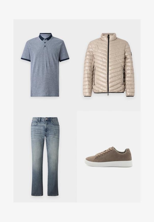 TOM TAILOR LIGHTWEIGHT JACKET - Chaqueta de entretiempo - light cashmere; Polo de manga corta gris con cuello y puños en azul marino. Presenta tres botones negros y una sutil textura jaspeada.; Jeans de denim de lavado claro con un diseño de pierna recta, estilo de cinco bolsillos, cierre con botón metálico y un sutil detalle envejecido.; Zapatillas de ante marrón con suelas de goma blanca planas, diseño de cordones, punta redondeada y una textura suave. Estilo minimalista con sutiles detalles de costura.
