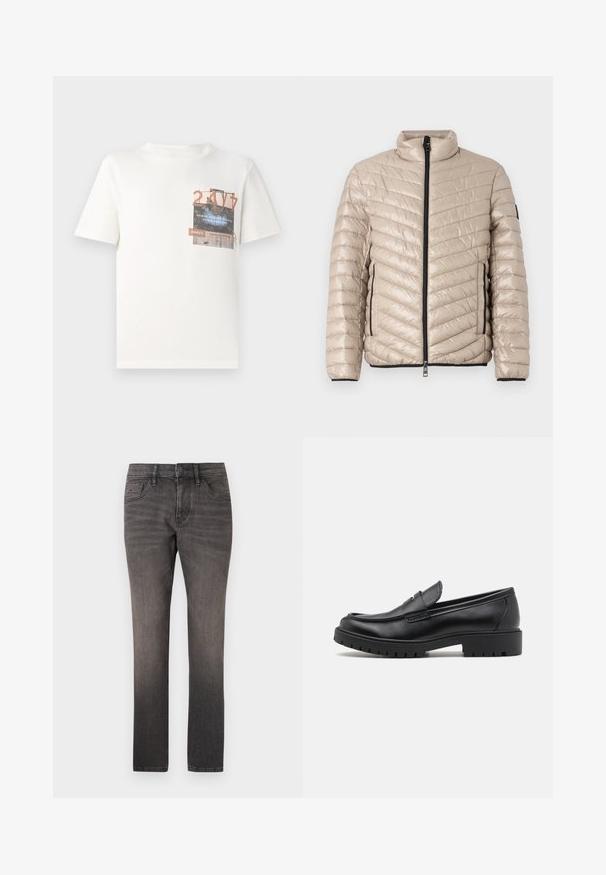TOM TAILOR LIGHTWEIGHT JACKET - Ελαφρύ μπουφάν - light cashmere; TOM TAILOR DENIM Μπλουζάκι με στάμπα - gardenia white; TOM TAILOR JOSH - Straight leg jeans - used dark stone black denim; Μαύρες δερματίνες λόφερ με στρογγυλή μύτη, σχέδιο slip-on και παχιά ελαστική σόλα με υφή. Υψωμένη φτέρνα και διακριτικές ραφές.