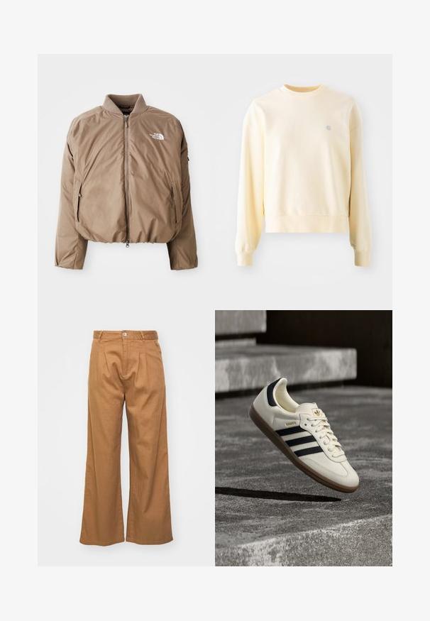Veste bomber isolée marron avec un col côtelé, fermeture éclair à l'avant et poches latérales ; présente le logo en blanc sur la poitrine gauche.; Sweatshirt jaune clair avec des manches longues, un col rond, des poignets côtelés et un petit logo sur la poitrine. Fabriqué à partir d'un tissu doux et texturé.; Pantalons taille haute beige clair à jambe large en tissu texturé, avec des plis avant et une fermeture à bouton unique à la taille.; Baskets blanches Adidas Samba avec des bandes noires et une semelle en gomme, flottant au-dessus de marches en béton gris texturé.