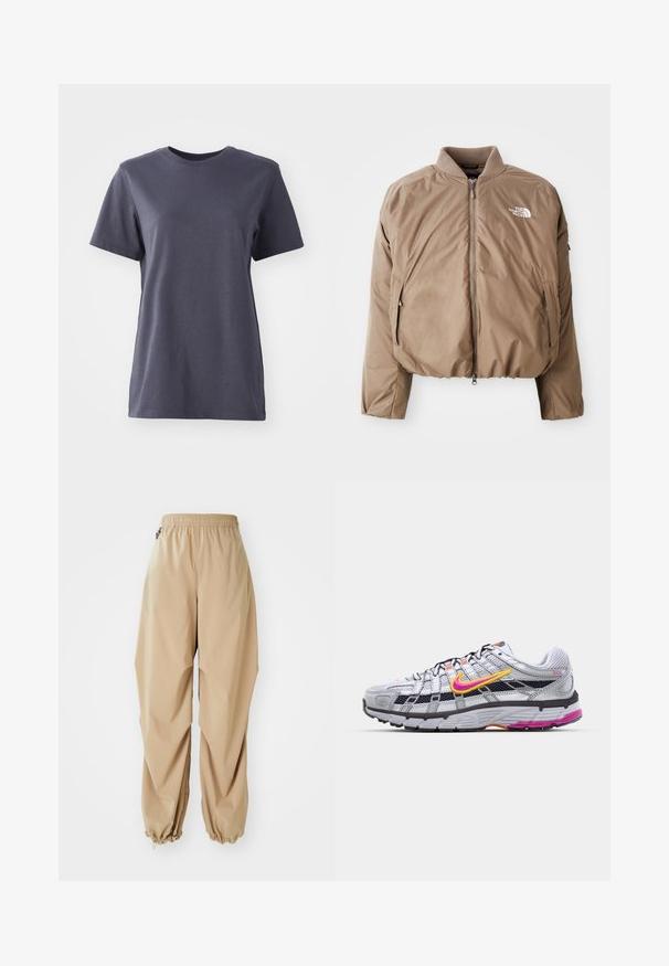 Veste bomber isolée marron avec un col côtelé, fermeture éclair à l'avant et poches latérales ; présente le logo en blanc sur la poitrine gauche.; T-shirt à manches courtes en coton gris foncé, design col rond, texture lisse, ourlet droit, sans motifs ni détails matériels visibles.; Pantalons légers beige avec une taille élastique, des poignets effilés et une texture lisse, présentant une coupe décontractée et sans motifs ni embellissements visibles.; Baskets de course en mesh gris avec un swoosh distinctif rose et jaune, accents noirs et une semelle en caoutchouc texturé. Comprend un embout renforcé et un col rembourré.