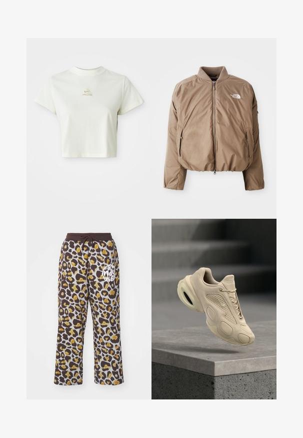Pruunis isoleeritud bomber-jakk, millel on ribitud krae, esimaa tõmblukk ja küljetaskud; vasakul rinnal on valge logo.; Lühike valge lühike t-särk, millel on väike beez Nike ACG logo keskelt kaeluse all.; Prindi leopardikom hallides ja kollastes dressipükstes, millel on stringiga vöö ja vasakul jalal valge "alpha industries" tekst.; Beežid spordijalatsid tekstuurse pealse ja unikaalse tallaga, hõljuvad halli betoonserva kohal, kus taustal on udused astmed.