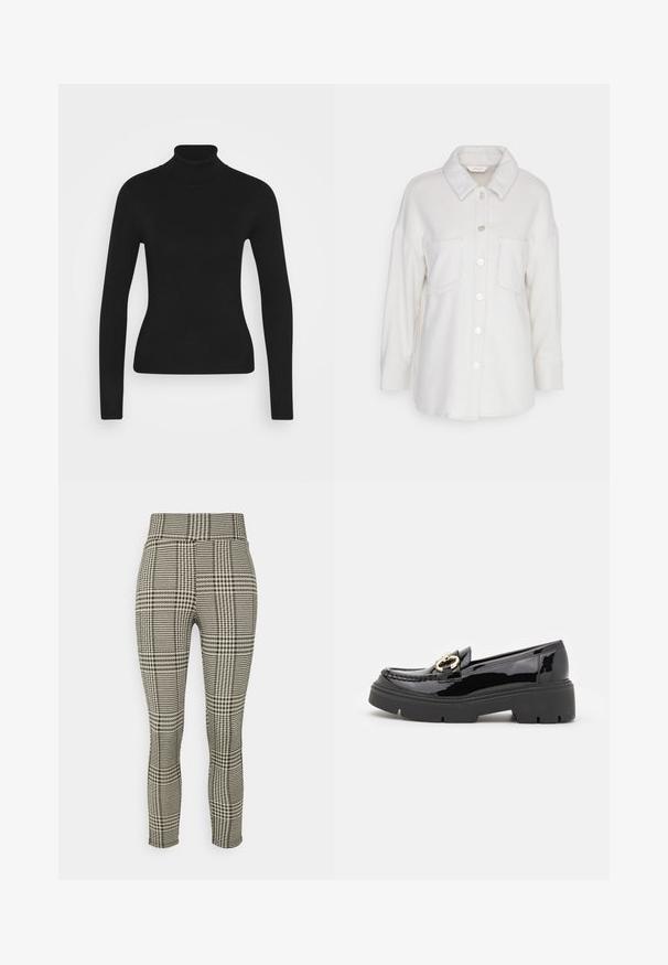 ONLY Petite ONLKINSLEY - Veste légère - pumice stone; Pull à col roulé noir avec des manches longues, fabriqué à partir d'un tissu en maille lisse. Présente un design ajusté et un col côtelé.; ONLY Petite ONLZIGA PETIT - Legging (type pantalon) - black; Mocassins en cuir verni noir avec une semelle épaisse, présentant un détail en métal doré sur le dessus. Texture lisse et design classique.