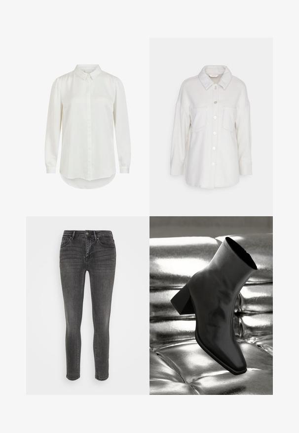 ONLY Petite ONLKINSLEY - Chaqueta fina - pumice stone; Camisa blanca de manga larga con cuello clásico, que presenta una textura suave y cierre de botones. Dobladillo redondeado y mangas ligeramente abullonadas.; Vero Moda Petite VMFLASH - Vaqueros pitillo - medium grey denim; Botín negro de tobillo hecho de material brillante, con punta cuadrada y tacón cónico, contra un fondo plateado brillante con almohadillado.