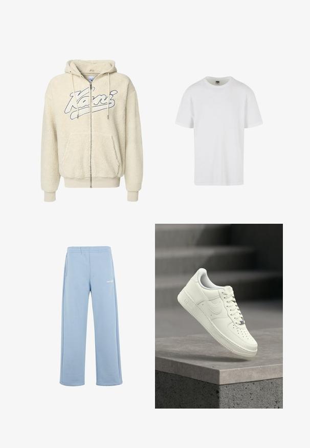 Cremefarvet hættetrøje med lynlås, lavet af blødt stof, med et stort logo i marineblåt, samt snore og forlommer.; Hvid kortærmet t-shirt lavet af tekstureret bomuld. Har rund hals og lige-snittet søm. Minimalistisk design uden synlige logoer.; Lyseblå sweatpants fremstillet af en bomuldsblanding, med elastisk talje, sidelommer og et hvidt logo på venstre lår.; Hvid lædersneaker med lavprofildesign, tekstureret overflade, perforeringer på tåen og sølvfarvede detaljer på snørebånd og mærkning.