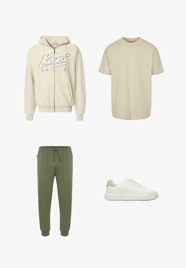 Roomkleurige rits-hoodie van pluche stof met een groot logo in marineblauw, voorzien van koordjes en voorzakken.; Korte mouwen t-shirt in lichtbeige katoen met een ronde hals, voorzien van een relaxte pasvorm en een zachte textuur, zonder zichtbare patronen of accenten.; Joggingbroeken in olijfgroen gemaakt van zachte stof, voorzien van een taille met trekkoord, zijzakken en geribbelde boorden voor een goede pasvorm.; Witte sneakers van glad leer met een gestructureerde beige hielaccent, voorzien van ronde veters, een laag profiel ontwerp en een rubberen buitenzool.
