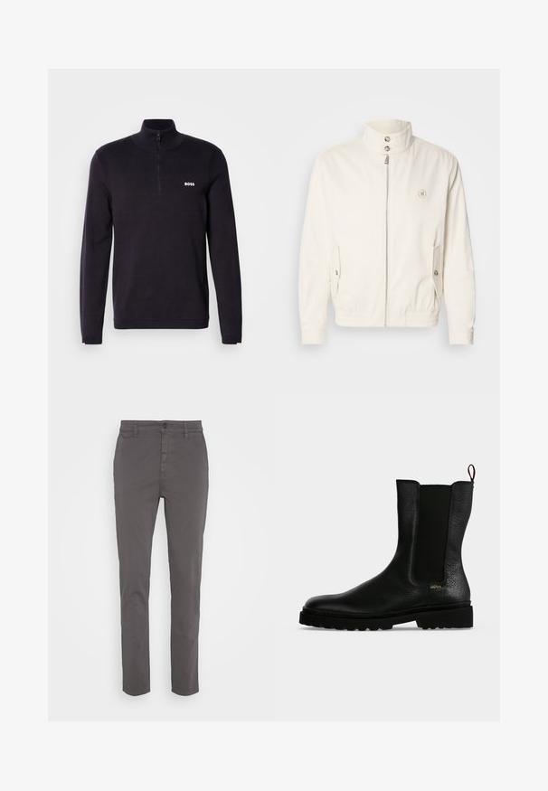 Weiße leichte Jacke mit hohem Kragen, Frontreißverschluss, zwei Seitentaschen und elastischen Bündchen. Mit einem Logo auf der linken Brust.; Marineblauer Quarter-Zip-Pullover aus weichem Stoff, mit einem gerippten Kragen und Bündchen, sowie einem kleinen weißen "BOSS"-Logo auf der Brust.; Grau Chinos mit schlanker Passform, hergestellt aus atmungsaktiver Baumwolle. Verfügt über einen Knopfverschluss und Seitentaschen, mit einer glatten, matten Oberflächenbeschaffenheit.; Schwarzer Leder-Stiefelette mit elastischem Seitenteil, grober Sohle und Zuglasche hinten, mit kleinem goldenem "Hugo" Logo nahe der Ferse.
