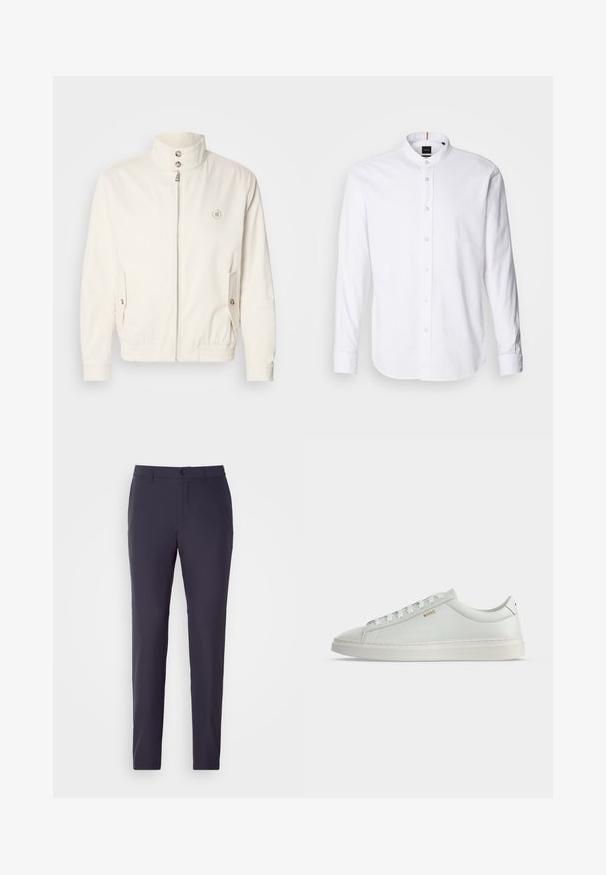 Veste légère blanche avec un col haut, fermeture éclair à l'avant, deux poches latérales et des poignets élastiques. Présente un logo sur la poitrine gauche.; Chemise blanche à manches longues avec col bande, boutonnière à l'avant et ourlet arrondi. Fabriquée en coton, elle présente une texture lisse et un léger éclat.; Pantalon marine à coupe droite, fabriqué dans un tissu lisse. Il dispose d'une fermeture à bouton, de poches latérales et d'un devant plat.; Baskets basses blanches en cuir avec lacets, semelle plate et petit logo doré "BOSS" sur le côté, vues de l'extérieur.