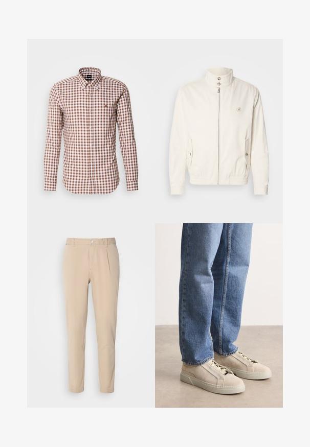 Weiße leichte Jacke mit hohem Kragen, Frontreißverschluss, zwei Seitentaschen und elastischen Bündchen. Mit einem Logo auf der linken Brust.; Braun- und weiß kariertes Langarmhemd mit Button-Down-Kragen und gesticktem Logo auf der Brust. Baumwollstoffstruktur.; Beige Hosen mit schmaler Passform, aus gewebtem Material. Sie verfügen über einen einzelnen Knopfverschluss, eine gefalte Vorderseite und gerade Beine.; BOSS GARYTENN_SDHDEL - Sneaker low - natural ten