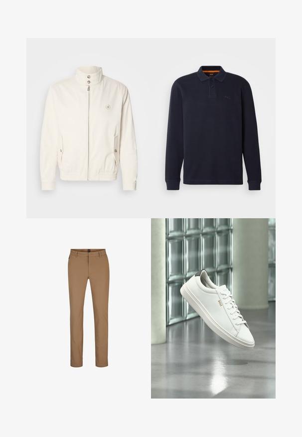 Veste légère blanche avec un col haut, fermeture éclair à l'avant, deux poches latérales et des poignets élastiques. Présente un logo sur la poitrine gauche.; Polo shirt à manches longues bleu marine en tissu texturé avec une ouverture pour le col boutonnée. Présente un petit logo brodé sur la poitrine.; Pantalon marron clair en mélange de coton avec une coupe droite, poches avant et fermeture éclair. Matériaux minimaux et sans motifs visibles.; Baskets basses en cuir blanc avec lacets, languette de talon noire et logo « BOSS », flottant à l'intérieur près d'un mur en blocs de verre et d'un sol poli.
