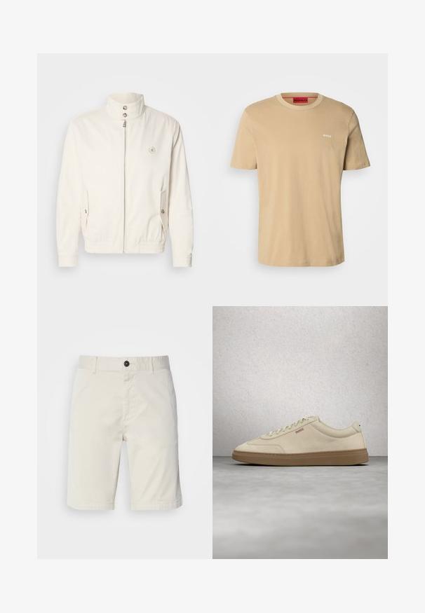 Valge kerge jope kõrge kraega, esi lukuga, kahe küljetaskuga ja elastsete varrukatega. Vasakul rinnal on logo.; Beige puuvillane t-särk, millel on ümmargune kaelus, lühikesed varrukad ja väike valge "HUGO" logo rinnal. Sile tekstuur ilma mustriteta.; Kergedest beežid lühikesed püksid, mis on valmistatud puuvillast, nupuga kinnitamisega, esikülje taskutega ja õmmeldud servaga. Sile tekstuur ja pärastõhtune disain.; Helebeežist beežist pastellseemisnahast toss, kummisest kummist tallaga, silmapaistvate paelte ja peenikeste õmblustega. Puhas disain minimalistliku esteetikaga.