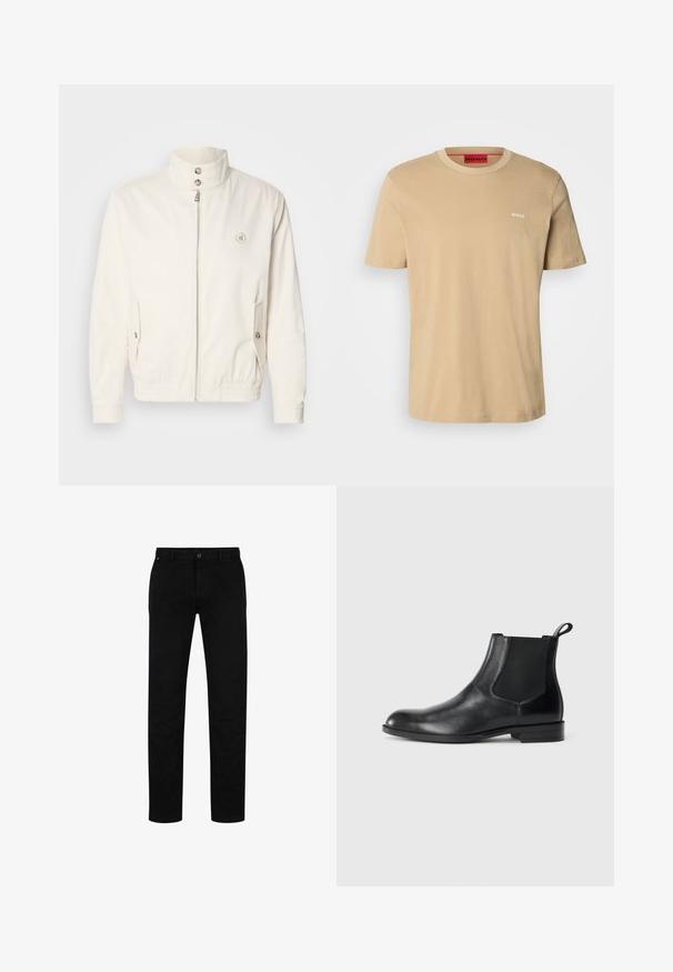 Weiße leichte Jacke mit hohem Kragen, Frontreißverschluss, zwei Seitentaschen und elastischen Bündchen. Mit einem Logo auf der linken Brust.; Beige Baumwoll-T-Shirt mit Rundhalsausschnitt, kurzen Ärmeln und einem kleinen weißen "HUGO"-Logo auf der Brust. Glatte Textur ohne Muster.; Schwarze Baumwollhosen mit geradem Schnitt, featuring einen Knopfverschluss, Gürtelschlaufen und minimalistischem Design. Glatte Textur, ohne Muster.; Schwarze Leder-Stiefelette mit elastischen Seiteneinsätzen, abgerundeter Zehenpartie und einem Zugschlauf. Glatte Textur, flache Sohle, minimalistisches Design.